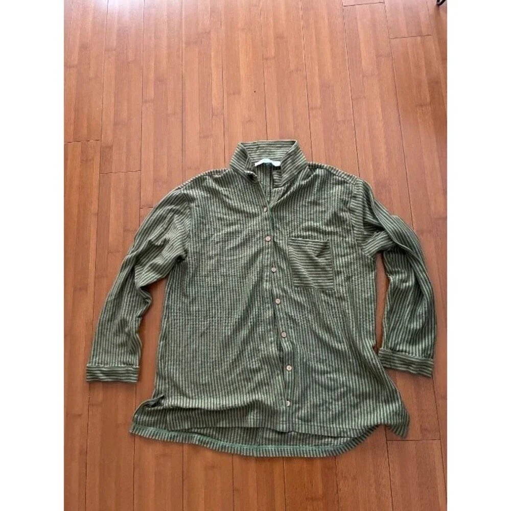 Free People Beach Better Days Button Down Shirt Women  Green Brown Striped Large